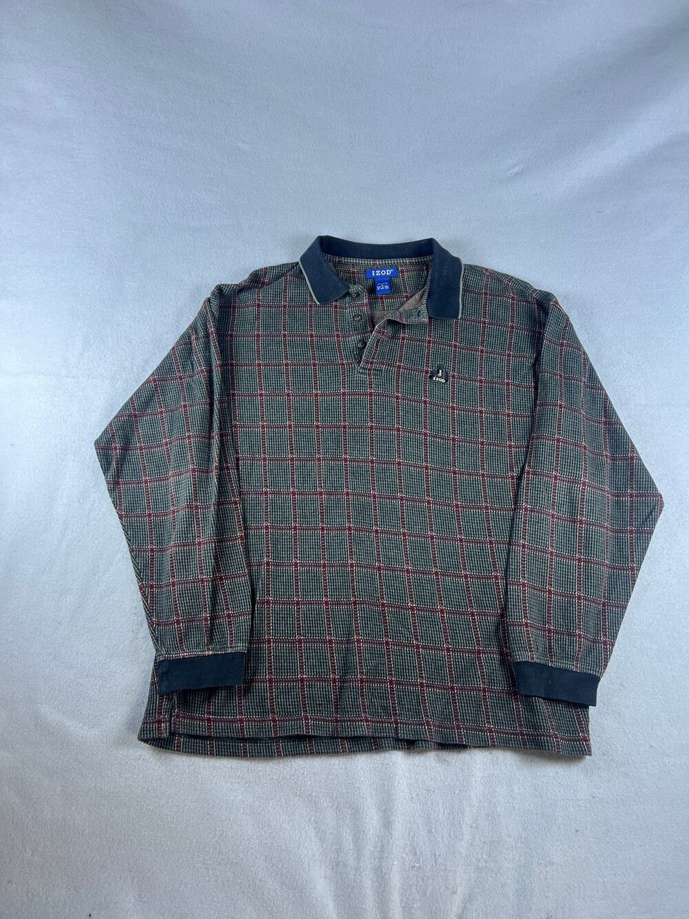 Izod Polo Shirt Mens L Green Burgundy Long Sleeve Knit Windowpane Classic Sports